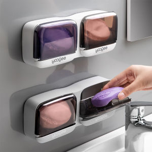 Wall Mounted Soap Holder Bathroom Self-Adhesive Flip Lid Double Drain Soap Box Waterproof Bathroom Sponge Organizer Accessories