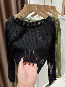 เสื้อคลุมถักสีดำ เสื้อเชิ้ตแขนยาวทรงเข้ารูปเอวสูง เสื้อคลุมผู้หญิง เสื้อคลุมแบบสวมหัว ทรงหลวม สไตล์เกาหลี