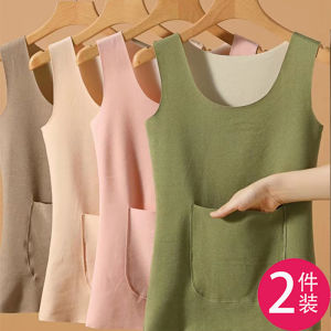 Tagkita Womens Fleece Lined Thermal Vest Pocket Design Soft Polyester Spandex Blend Single Layer round Neck Warm Underwear