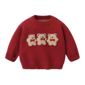 Red Sweater New Years Clothes for Baby Girls Childrens New Years Top Winter Clothes Casual Knitted Fabric Non-Hat Long Sleeve round Neck