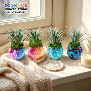 3pcs Natural Crystal Electroplated Agate Cave Ornament with Simulated Green Plants Rough Crystal Craft Home Decor