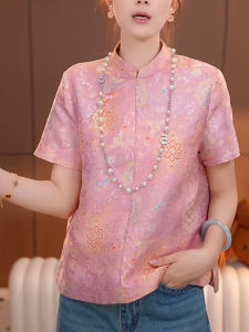New Chinese Style Short Sleeve Shirt Womens Summer 2025 Stand Collar Button Printed Pink Shoulder Top Korean Loose Fit Online Exclusive