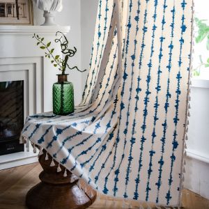 Blue Vertical Stripe Geometric Printed Semi-Blackout Curtain