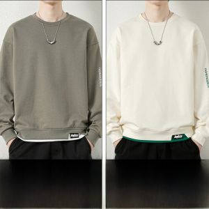 ROMON | Loose Fit Round Neck Sweatshirt Long Sleeve Casual Base Layer Shirt Mens Trendy T-Shirt Fashionable Streetwear Polyester Fiber