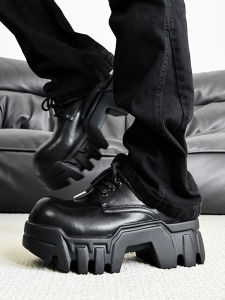 Paris Gear Bottom Bulldozer Leather Shoes Mens Raise the Bottom Work Clothing Niche Style Derby Shoes Authentic Leather Platform Big Head Shoes Tide