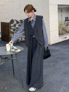 Gray Korean Style High-End Vest Set Womens Autumn New Irregular Striped Shirt Wide Leg Pants Three Piece Set Fashionable Ensemble