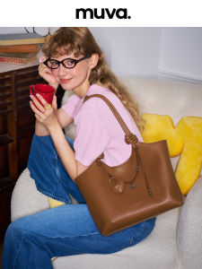 MUVA Genuine Leather Tote Bag Large Capacity Single Shoulder Commuter Womens Bag Original Design Fashionable Canvas Lining