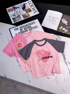 Cute Girls Short Sleeve T-Shirt Letter Print Shoulder Insert Summer Casual Cotton Polyester Blend Sweat Absorbent round Neck