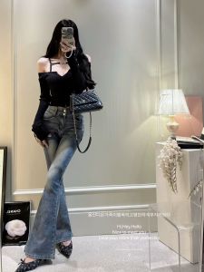 Slimming High Waist Bell Bottoms Double Buckle Elastic Butt Lifting Korean Style Cotton Stretch Denim Ladies Jeans