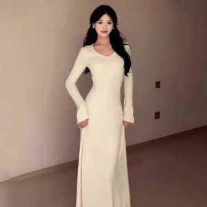 CAOZIMUYI | French V-neck Waist-cinching Long-sleeve Knit Dress