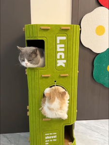 Lovinland Large Wooden Felt Cat House with Scratcher Double Triple Layer Cat Villa Bed Funny Scratching Board Pad Kitten Rest Cabin Cats Bed(Ready stock in Philippines)