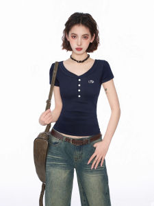 Áo Thun Cổ Chữ V Tay Ngắn Ôm Vừa Vặn Màu Xanh Đậm Phong Cách Mỹ Dành Cho Nữ Mùa Hè Áo Thun Thường Ngày Thoải Mái Thoáng Khí