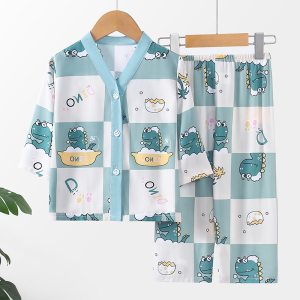 Kids Pajamas Summer Boys Thin Cotton Silk Long-Sleeve Suit Big Boys Kids Cardigan Cotton Silk Air Conditioning Room Homewear