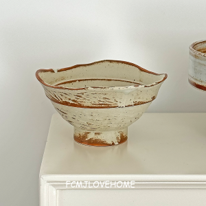 Fcmj 5-Inch Ceramic Coarse Ceramics Glazed Brushing Craft Japanese High Footed Rice Bowl Yogurt Bowl Dessert Bowl Kitchen Diningware