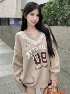 GUZILIAN | Sweet Spicy Lace Peter Pan Collar V Neck Fashion Letter Print Knitwear Autumn Winter New Style Warm Top Korean Loose Fit Long Sleeve