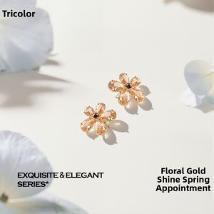 3COLOUR·S | New Amber Flower Stud Earrings 925 Silver Pins Elegant French Style Daily