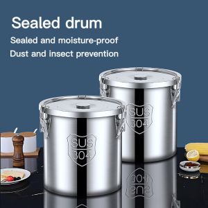 Thickening 304 Stainless Steel Food Storage Rice Bucket Dispenser with Cover and Sealing Rubber Ring Metal Soup Bucket Large Capacity Storage Insect Prevention Dustproof