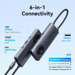 Vention | Vention USB C Hub 4K 60Hz Wireless Magnetic Charger for iWatch 1-9 Series USB 3.0 PD 100W Hub for Macbook iPad Samsung Laptop