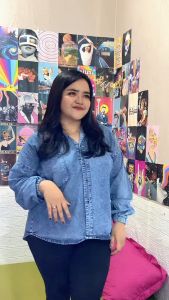 Kemeja Oversize Wanita Jeans Atasan Kemeja Denim Lengan Panjang Ootd Kekinian