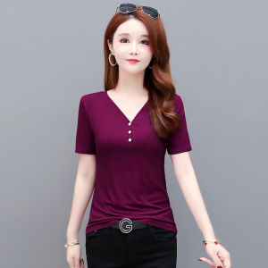 Summer Ice Silk Modal Short Sleeve T-Shirt Womens Thin Loose Plus Size Bottoming Shirt Loose Long Sleeves Pure Color Tops