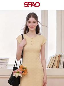 spao | Flounced Yellow Short Dress A-line Waist-Accentuating