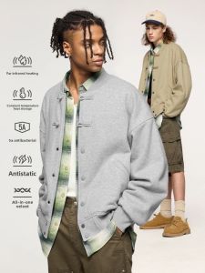 New Chinese Style Baseball Jacket 325G Flame Integrated Fleece Open Cardigan with Button Mens Autumn Winter New Arrival