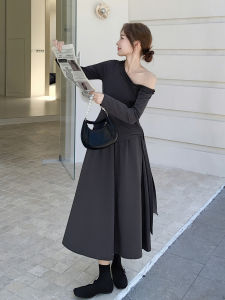 Gray Fashionable Shoulder-baring Womens Outfit Two-piece Set Long Skirt Casual Style Autumn Collection Elegant Lady Look