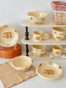 Adorable Bear Ceramic Bowl Set Original Ins Style Rice Salad Yogurt Creamy Series Dining Utensils Cute Cartoon Animation