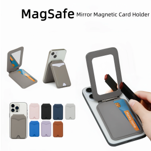 Magnetic Wallet Stand with Mirror Compatible with Magsafe Adjustable Kickstand PU Leather Card Holder Back of Phone For iPhone