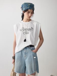 MSLAN Summer Casual round Neck Wide Shoulder Little Fly Sleeve White Cool T-Shirt Vest Lightweight Breathable Womens Top