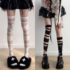 JK Lolita Bandage Over-the-Knee Stockings Women Ultra-thin Transparent Crystal Silk Socks Girls Y2K Thigh High Stocking