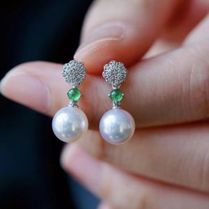 Montagne Jewelry 18k Pure White Gold Earrings Emerald Inset Fine Jewellery Natural Top Grade 7.5-8mm Akoya Pearl Earrings Stud Earring