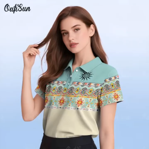 Barong Tagalog for Women Modern Ethnic Retro Polo Shirt for Women 3D Sublimation Stripe Print Womens Polo Shirt Sun Totem Short Sleeve