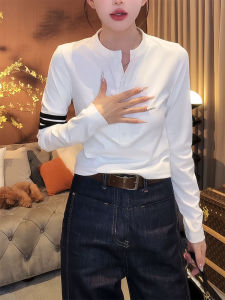 Áo Thun Dài Tay Cổ Chữ V Hở Nửa Cho Nữ Áo Lót Cotton Ôm Vừa Vặn Thời Trang Kẻ Sọc Áo Phông Thường Ngày Mùa Thu