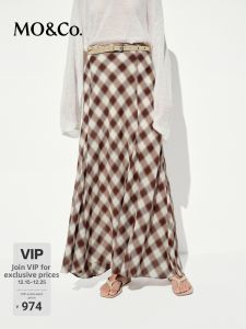 MO&Co. | Tencel Wool Mid Low Waist H-Line Plaid Long Skirt