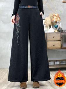 กางเกงขายาวทรงหลวมพิมพ์ลายดอกไม้ผ้าฝ้ายลินินปักลายสไตล์ย้อนยุคสำหรับผู้หญิง กางเกงขายาวทรงหลวมแบบหนาปักลาย