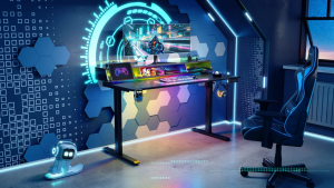 OffiGo 140x60cm Gaming Table with RGB LED & Sockets Height Adjustable Electric Desk Standing Computer Desk for Home Office