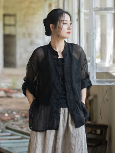 Retro Chinese Style Long Sleeve Sun Protection Shirt Womens Thin Loose Folded Fine Grid Cardigan Top Breathable Casual Shirt