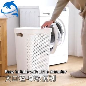 Hightune 60L Laundry Basket Bag with Cover Dirty Clothes Basket with Lid Plastic Big Capacity Storage