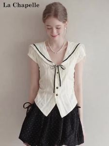 La Chapelle | Navy Collar Short Sleeve Tie Lace Hollow Out Waist Shaping Shirt