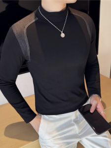 Áo Thun Nam Cổ Cao Denim Ôm Vừa Vặn Co Giãn Thời Trang Thường Ngày Mùa Xuân Cotton Polyester