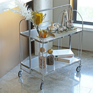 Stainless Steel Mid-Century Modern Mobile Bar Cart Glass Storage Coffee Table Folding Utility Rack Home Decor Display Shelf