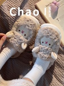 Womens Fluffy Slippers Thick Bottom Warm Anti-slip Home Shoes Winter Couples Cotton Slippers Cute Cartoon Style Home Shoes