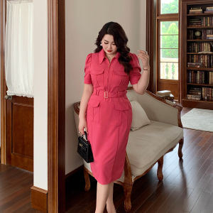 GLEC | Plus Size French Workwear Style Retro Magenta Young Fashionable Dress