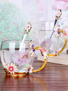 Enamel Colored Elegant European Style Flower Tea Glass Cup
