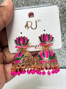 NJ Stuning Lotus Colourful Jhumka with Gold Base