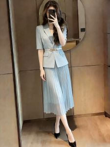 SHANGSHA | Autumn Elegant Luxury Blue Career Suit Dress