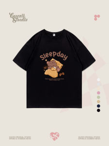 Guozii Heavy Weight Black Shoulder Pure Cotton Short Sleeve T-Shirt Womens Idle Style Small Casual Couple Base Tops