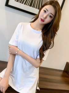 Summer New Style Womens Slim Fit Short Sleeve T-Shirt Comfortable Base Shirt Mid-Length Trendy Casual round Neck Top