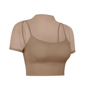 เสื้อยืดโยคะผู้หญิงฤดูร้อน 2023 ใหม่พร้อมแผ่นรองหน้าอก ชุดกีฬาฟิตเนส Pilates ฝึกซ้อมแขนสั้น ผ้าตาข่าย 2 ชิ้นปลอม